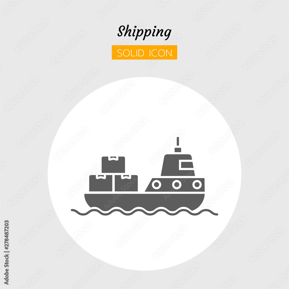 solid icon symbol, boat transport postal delivery logistics package shipping service, Isolated flat silhouette vector design solid icon symbol, boat transport postal delivery logistics package shipping service, Isolated flat silhouette vector design