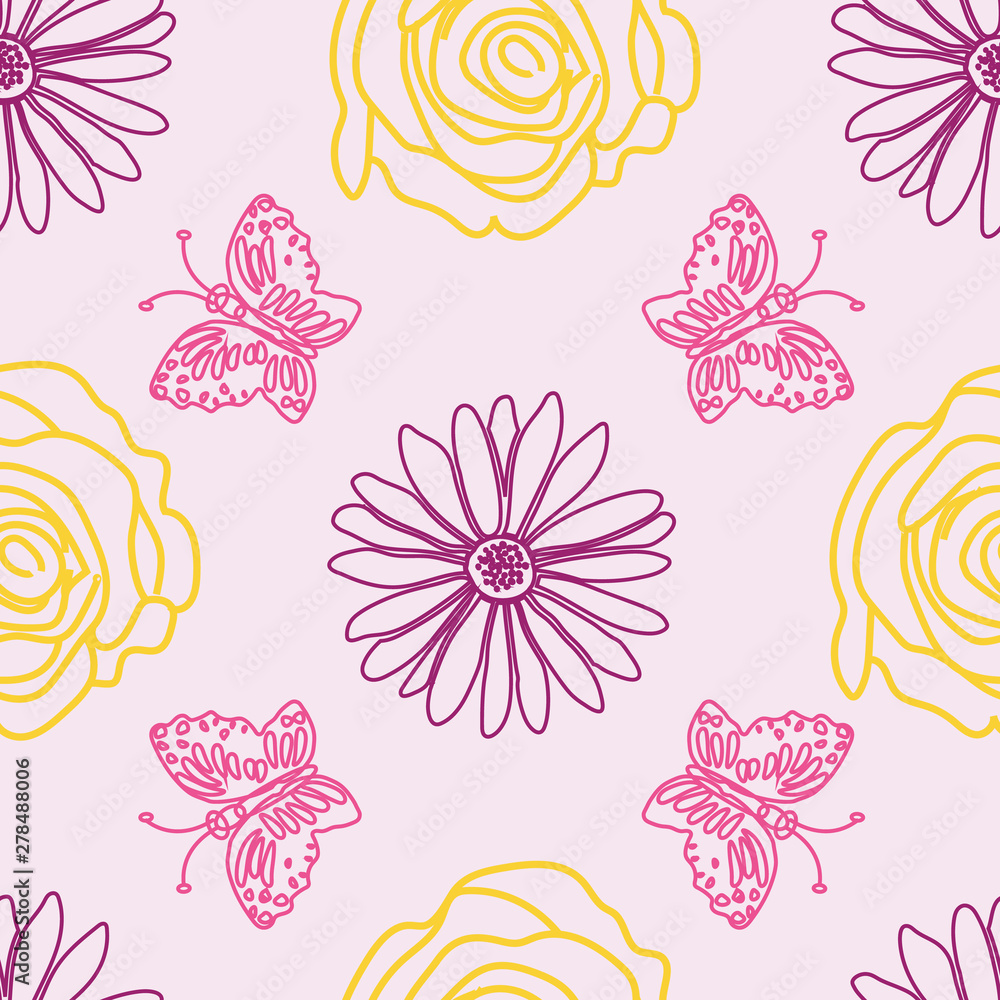 Fototapeta premium Summery hand drawn garden scenery seamless background.