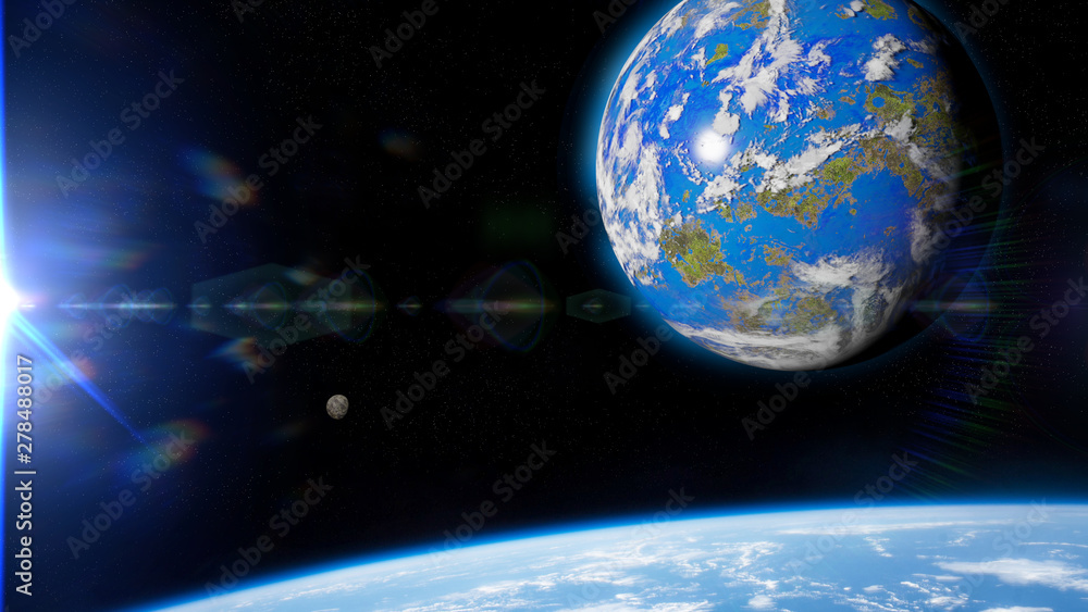 Naklejka premium alien moon with surface life in orbit of a super-Earth class exoplanet (3d science illustration)