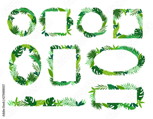 Frames of tropical leaves. Vector illustration on white background.