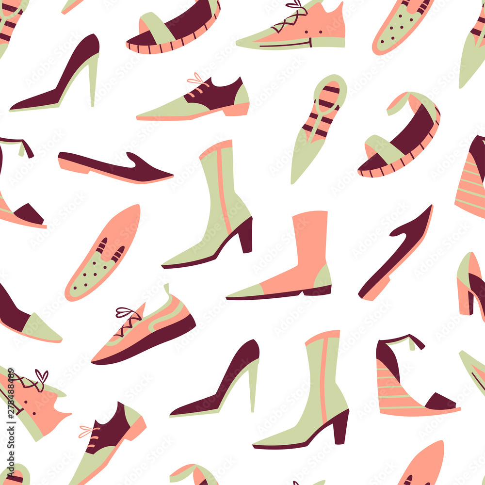 Seamless Pattern with Different Doodle Shoes. Hand Drawn Vector Illustration