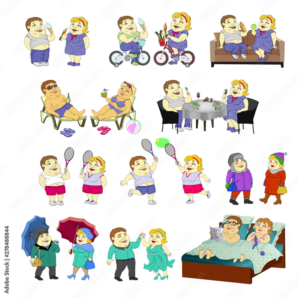 Set of images - a fat couple boy and girl in different situations.
