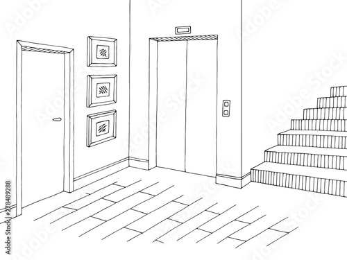 Corridor graphic black white interior sketch illustration vector