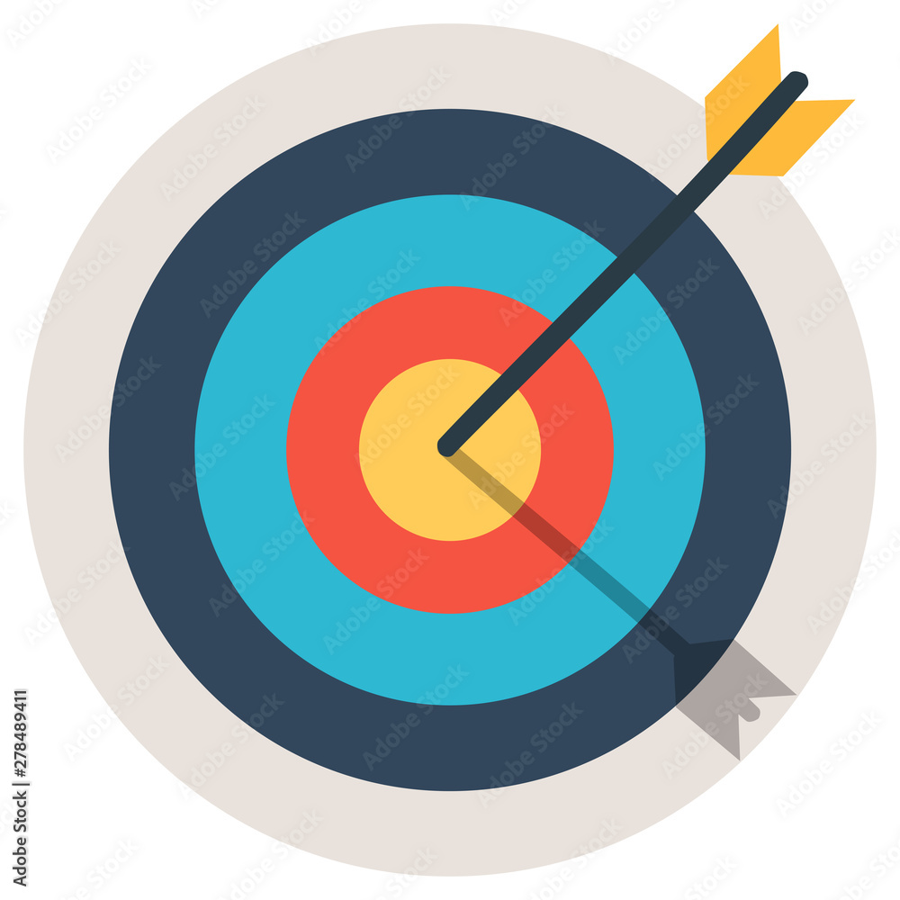 Target with an arrow flat icon concept market goal. Concept target market, audience, group, consumer. Bullseye or goal Isolated sign. Target with an arrow flat icon concept market goal. Concept target market, audience, group, consumer. Bullseye or goal Isolated sign.
