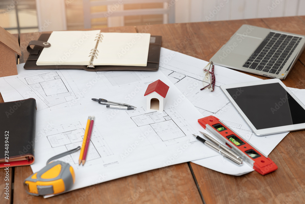 Engineer and Architect concept, Engineer Architects office team working with blueprints Engineer and Architect concept, Engineer Architects office team working with blueprints