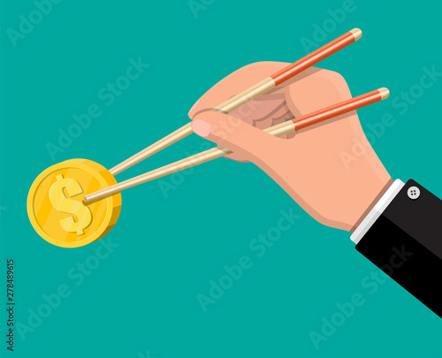 Hand of businessman with chopsticks with gold coin. Money concept of savings, donation, paying. Symbol of wealth. Vector illustration in flat style