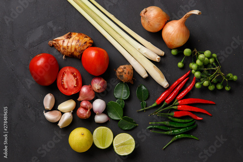Thai kitchen. Various herbs, spices and Ingredients on dark background. Top view