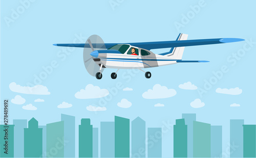 Light aircraft over the city. Pilot man inside. Vector flat style illustration