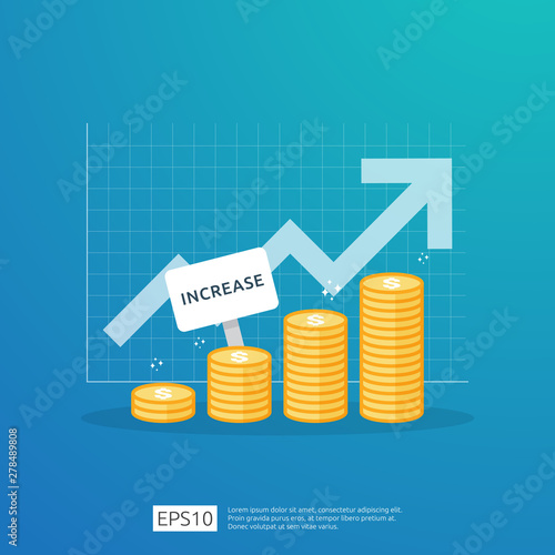 Finance performance of return on investment ROI concept with arrow. income salary rate increase. business profit growth margin revenue. cost sale icon. dollar symbol flat style vector illustration