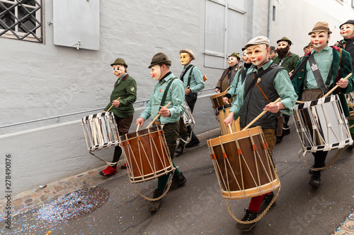 Archivgaesslein, Basel, Switzerland - March 12th, 2019. Close-up of a snare drum player group
