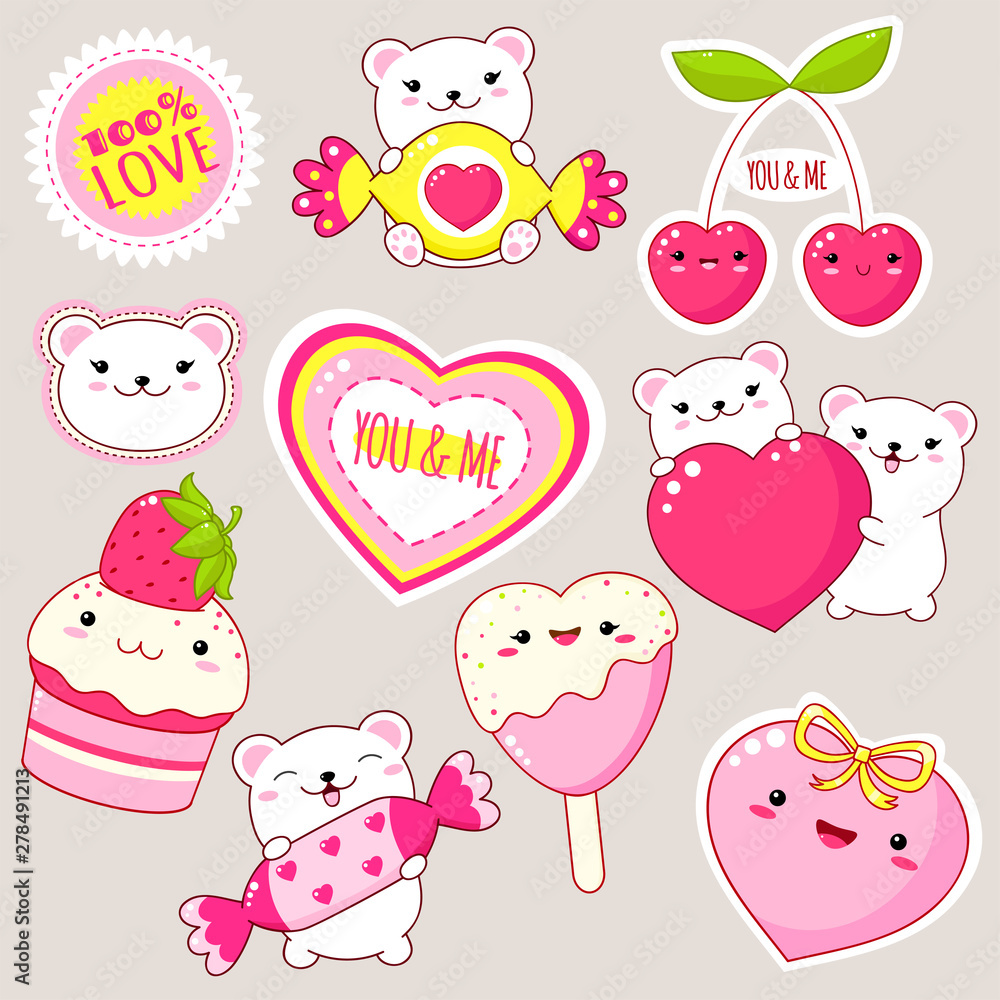 Set of cute Valentine's day icons in kawaii style - obrazy, fototapety, plakaty 