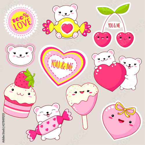 Set of cute Valentine's day icons in kawaii style