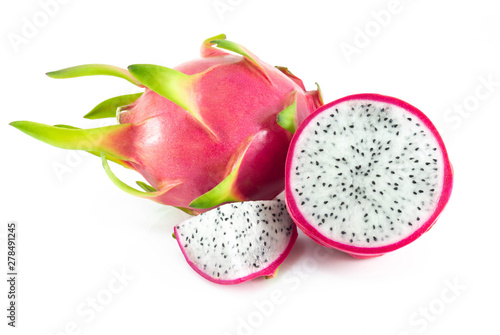 Close up fresh dragon fruit isolated on white background, food healthy