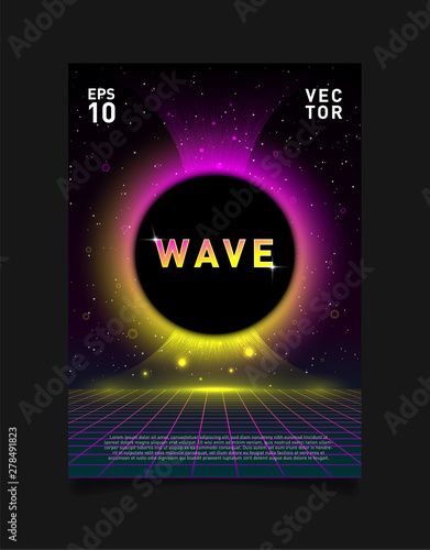 Retrowave vaporwave synthwave Laser grid and glowing black hole. Design for poster, flyer, cover, brochure, card, club invitation. Eps 10