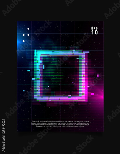 Square glitch effect in space laser grid with blue and pink glows and smoke. Retrowave vaporwave synthwave design for poster, flyer, cover, brochure, card, club invitation.