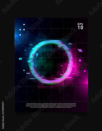 Circle glitch effect in space laser grid with blue and pink glows and smoke. Retrowave vaporwave synthwave design for poster, flyer, cover, brochure, card, club invitation.