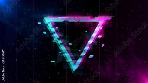 Obraz na plátně Synthwave Vaporwave Retrowave Glitch Triangle with blue and pink glows with smoke and particles on laser grid space background