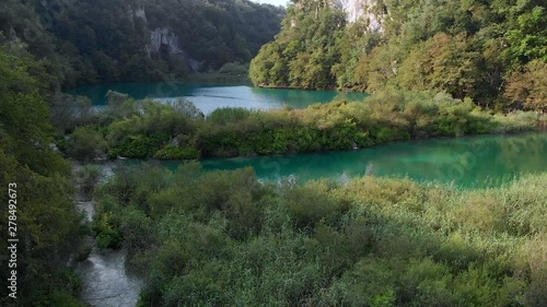 Version One. Low Aerial Flyover of the Plitvice Lakes and Waterfalls in Croatia. photo