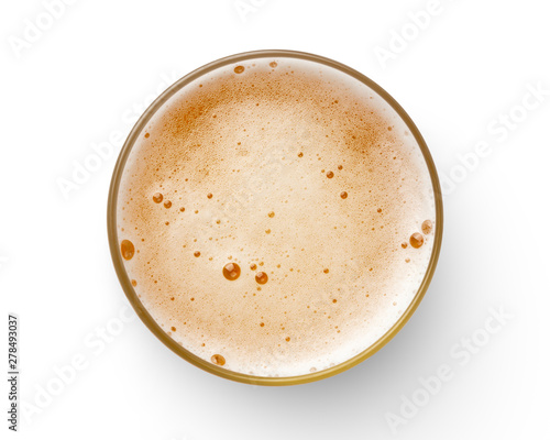 top view of beer bubbles in glass cup on white background.