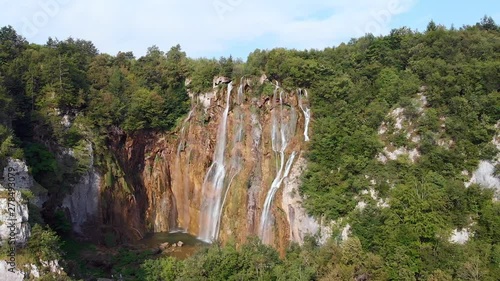Version One. Aerial Dolly Out of Veliki Slap Waterfall at the Plitvice Lakes. photo