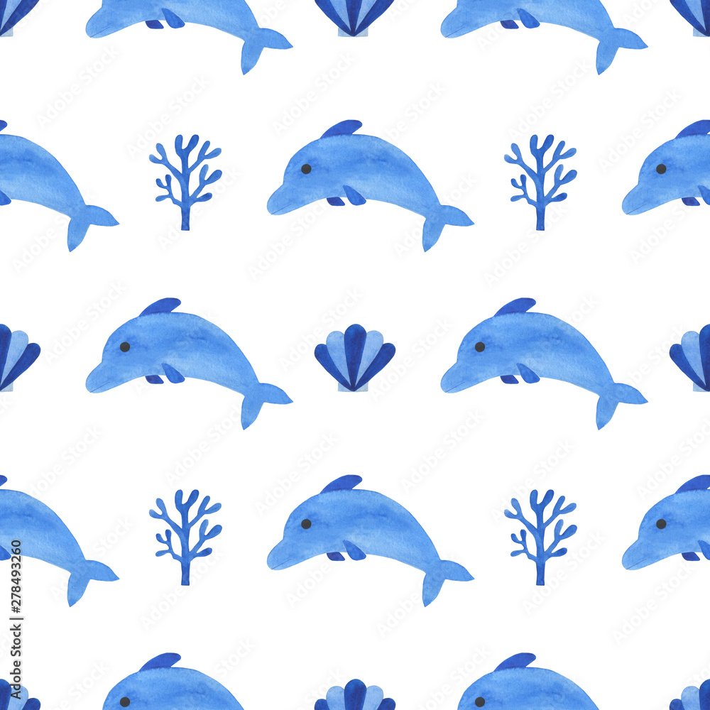 Fototapeta premium Seamless watercolor dolphin beautiful children illustrations of the fairy tale characters collection Underwater landscapes corals starfish pearl shells digital paper scrapbooking textiles