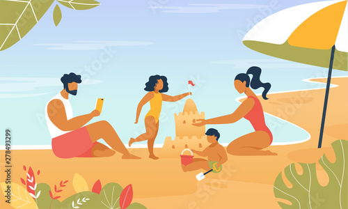 Happy Family Build Sand Castle Playing at Seaside.