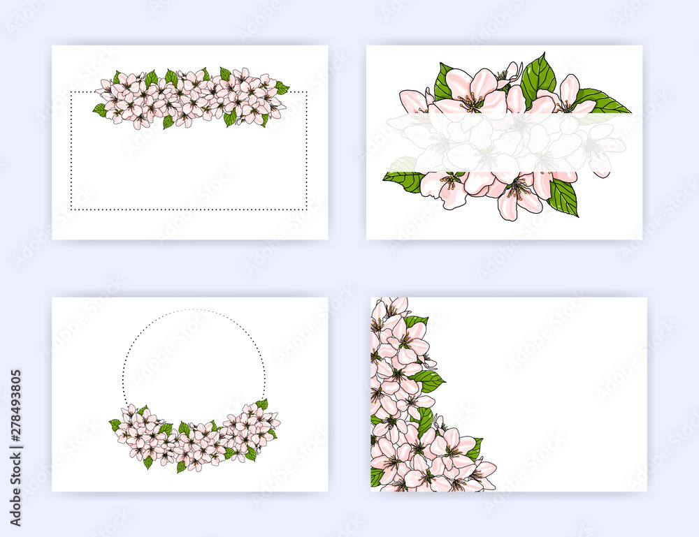Set of cards (flyers, invitation) with the image of a blossoming apple tree branch. Pink flowers of apple with green leaves. Vector EPS 10.