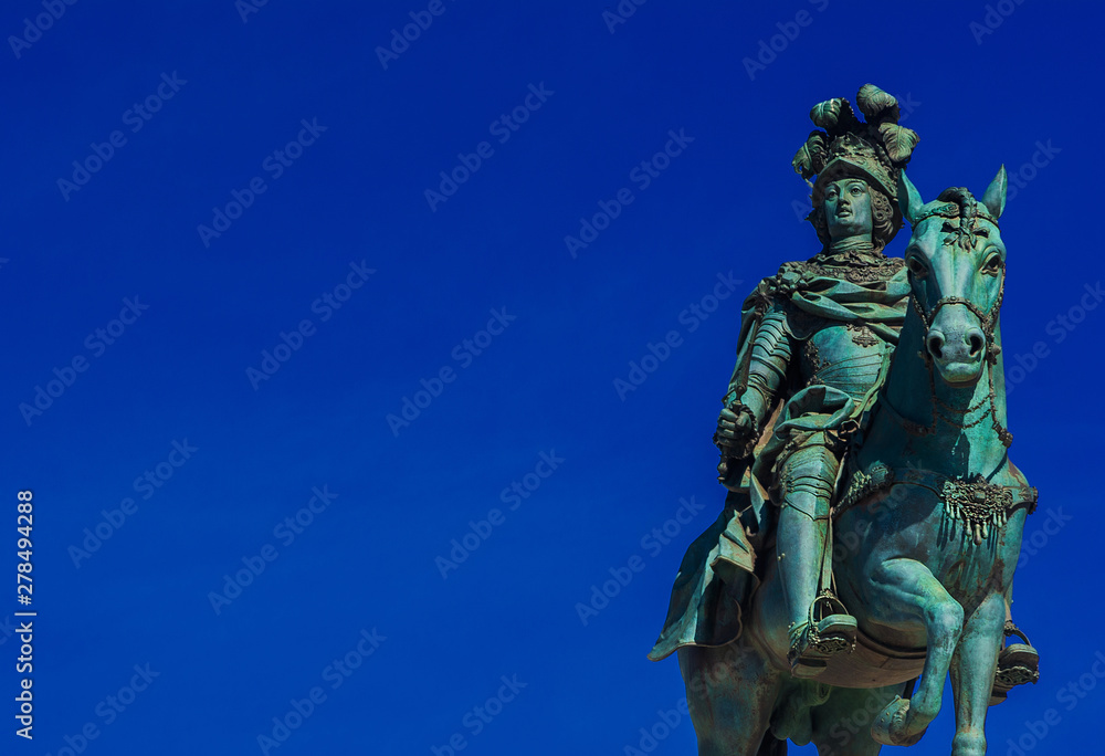 King Jose I of Portugal, bronze statue erected in 1775 in the center of Praca do Comercio Square, Lisbon (with copy space)