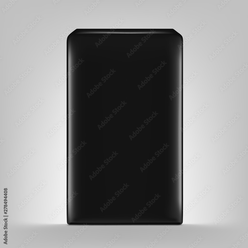 High realistic clean black vertical bag mockup. Front view. Vector illustration on grey background. Easy to use for presentation your product, idea, promo, design. EPS10. High realistic clean black vertical bag mockup. Front view. Vector illustration on grey background. Easy to use for presentation your product, idea, promo, design. EPS10.