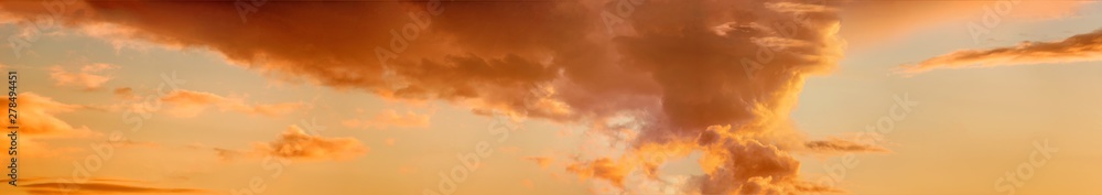 sunset sky and clouds panorama landscape with sun below horizon background wide panoramic view of natural color summer evening nature with dramatic cloud and yellow orange sunlight wallpaper