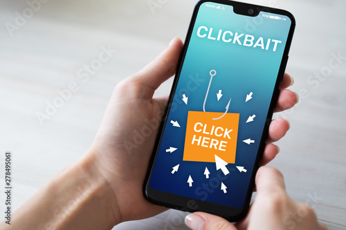 Clickbait, advertising, spam icons on mobile phone screen. Internet and business concept.