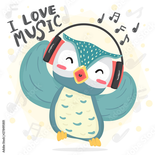 happy dance blue owl listen music and sing song with headphone, printable flat vecter cute cartoon for kid
