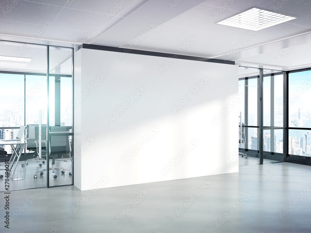 Blank white wall in concrete office with large windows Mockup 3D rendering Blank white wall in concrete office with large windows Mockup 3D rendering