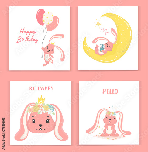 cute pink sweet princess bunny card collection idea for printable birthday and greeting card flat vector 