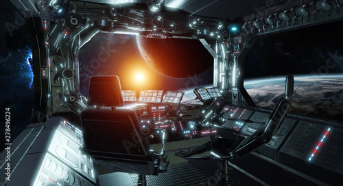 Fototapeta Naklejka Na Ścianę i Meble -  Spaceship grunge interior control room with view on space 3D rendering elements of this image furnished by NASA