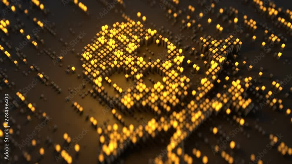 Skull and crossbones made from yellow cubes. Malicious computer code or hacking concept. Seamless loop 3D render animation with DOF