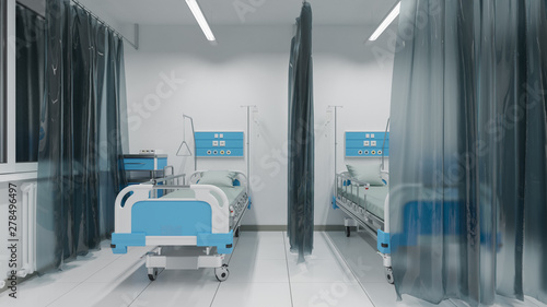 Patient Beds Separated by Curtains with Nighttime Outside 3D Rendering