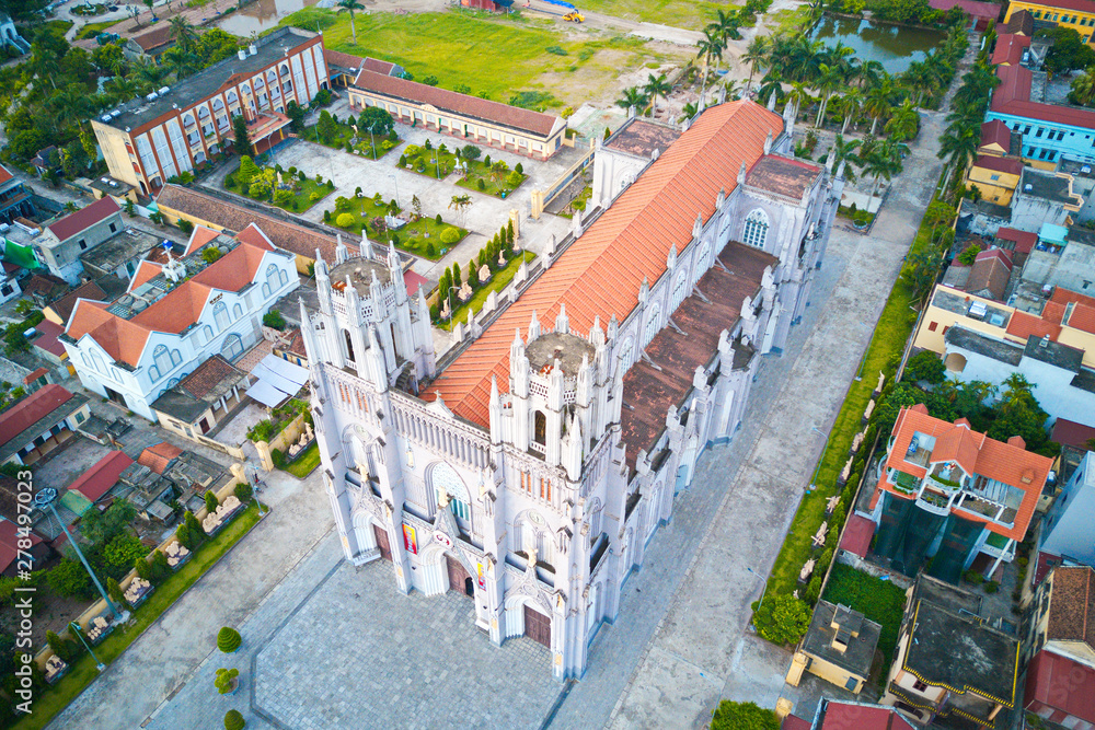 NAMDINH, VIETNAM - JUN. 30, 2019: Aerial view of Phu Nhai Catholic church, once the biggest church in Indochina hundreds of years ago