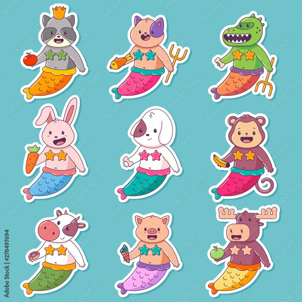 Cute mermaid child animal vector cartoon character set isolated on a white background. Cute mermaid child animal vector cartoon character set isolated on a white background.