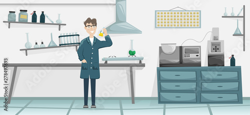 Male chemist with a flask with a chemical substance in the hand. Scientific laboratory. Medical equipment. Scientist conducting an experiment.