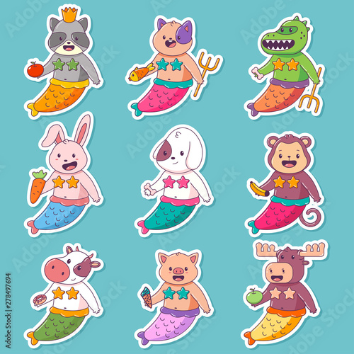 Cute mermaid child animal vector cartoon character set isolated on a white background.