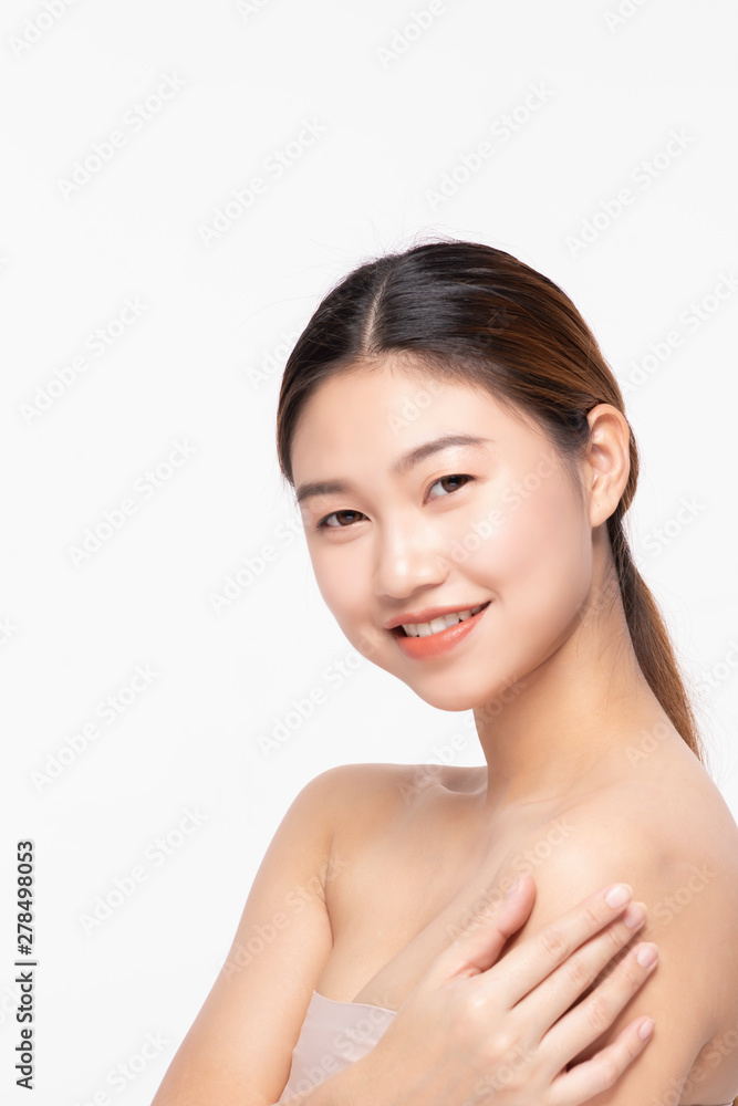 Side View Of Beautiful Young Asian Woman Looking While Touching Shoulder feeling so happy and cheerful with healthy Clean and Fresh skin,isolated on white background,Beauty Cosmetology Concept Side View Of Beautiful Young Asian Woman Looking While Touching Shoulder feeling so happy and cheerful with healthy Clean and Fresh skin,isolated on white background,Beauty Cosmetology Concept
