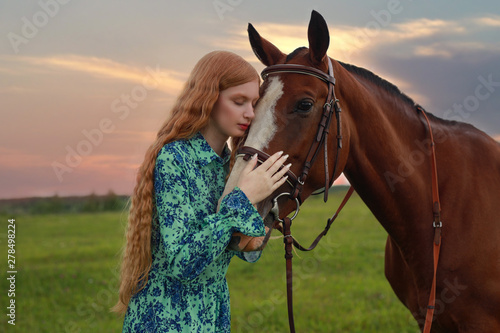 Beautiful girl with horse.portrait beautiful woman long hair next horse