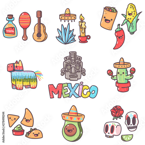 Mexican tradition elements with cute emotions for party and holidays vector cartoon set isolated on a white background.