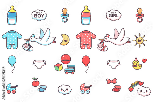 Cute kids elements for baby shower party vector cartoon set isolated on a white background.