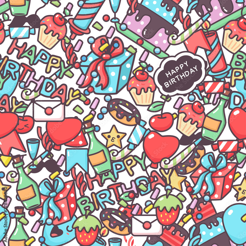 Happy birthday vector seamless pattern with cartoon doodle elements. Background for wallpaper, wrapping, packing and backdrop.