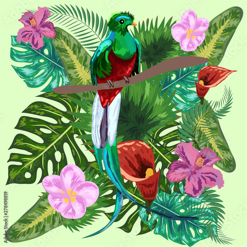 Green tropical bird Great resplendent quetzal sitting on a branch against the backdrop of a tropical foliage and flowers, design, rare, endangered species, red data book, security