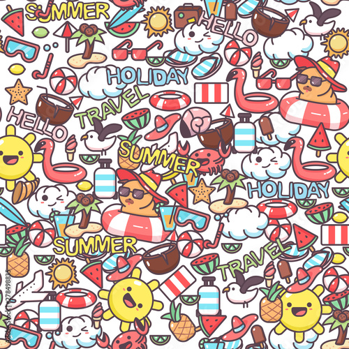 Summer vector seamless pattern with cartoon doodle elements. Background for wallpaper, wrapping, packing and backdrop.