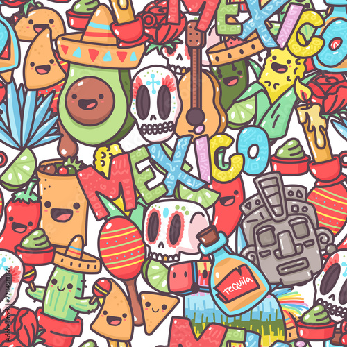 Mexican vector seamless pattern with cartoon doodle elements. Background for wallpaper  wrapping  packing and backdrop.