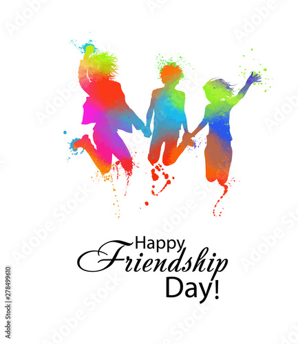 Silhouettes of jumping multicolored friends. Happy Friends Day. Usable as greeting cards, posters, clothing, t-shirt for your friends. Vector illustration
